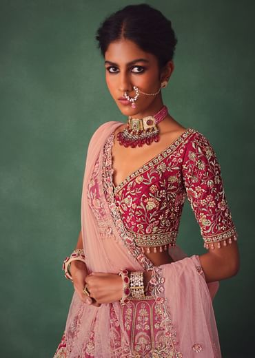 Raw Silk Red Bridal Embroidered Lehenga Set