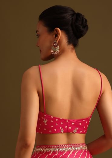 Hot Pink Lehariya Saree In Gota Patti Work With Unstitched Blouse