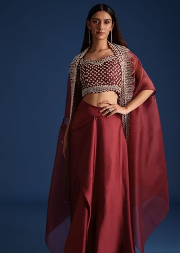 Red Cutdana Work Jacket With Draped Skirt And Crop Top