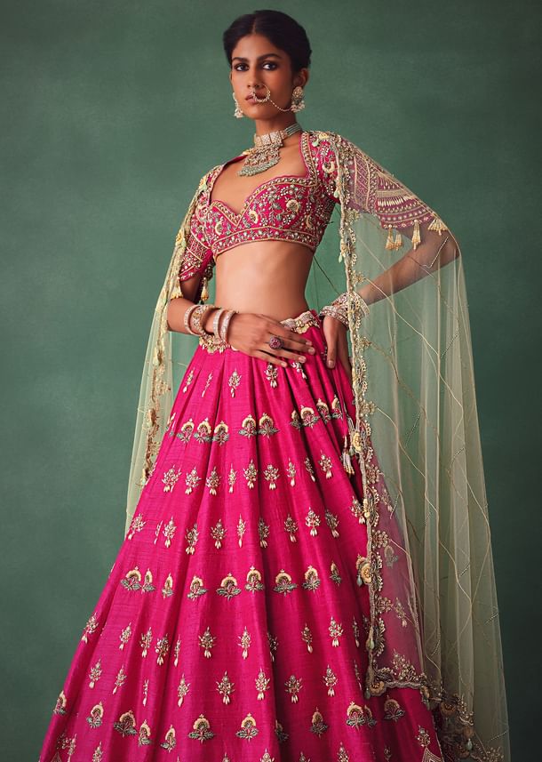 Deep Pink Bridal Butti Work Lehenga With Tassels on Blouse And Dupatta
