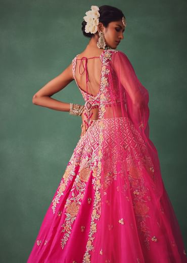 Fuschia Pink Raw Silk Multi Colour Threadwork Lehenga Dupatta With Embroidered Blouse