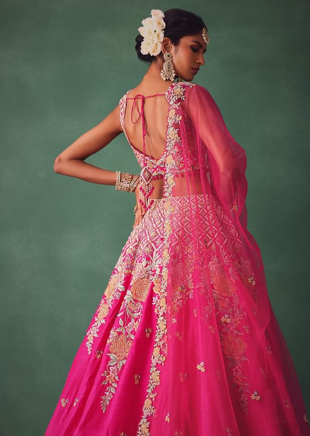 Fuschia Pink Raw Silk Multi Colour Threadwork Lehenga Dupatta With Embroidered Blouse