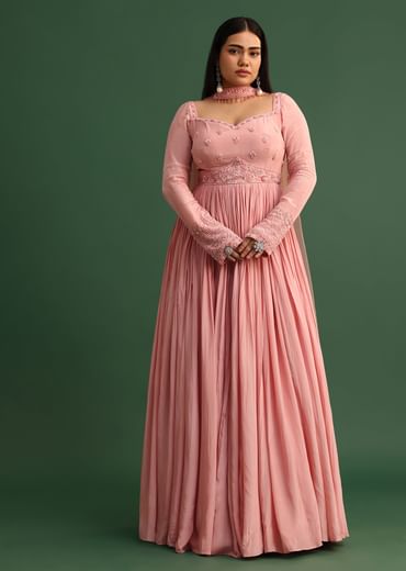 Soft Pink Embroidered Anarkali Suit With Choker Dupatta