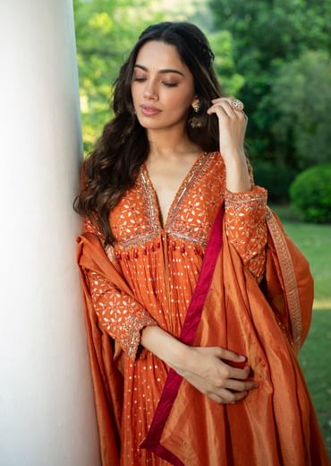 Warm Rust Orange Brocade Cutdana Beaded Anarkali Suit