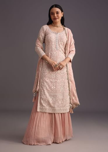 Peach Lucknowi Work Kurta Set With Flared Palazzo And Resham Dupatta