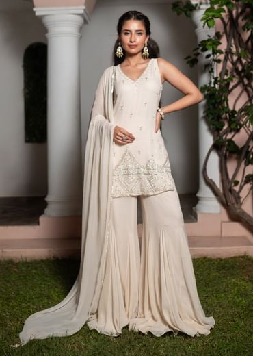 Off White Hand Embroidered Sharara Suit With Choker Dupatta