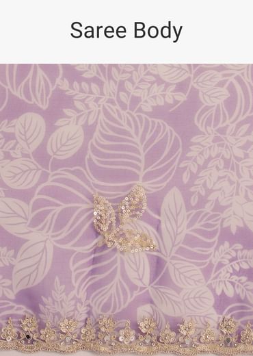 Purple Leafy Printed Organza Saree With Embroidered Scallop Border