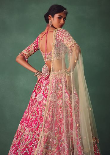Rose Pink Bridal Lehenga With Scoop Neckline Blouse And Hand Work Dupatta
