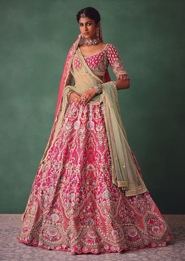 Rose Pink Bridal Lehenga With Scoop Neckline Blouse And Hand Work Dupatta