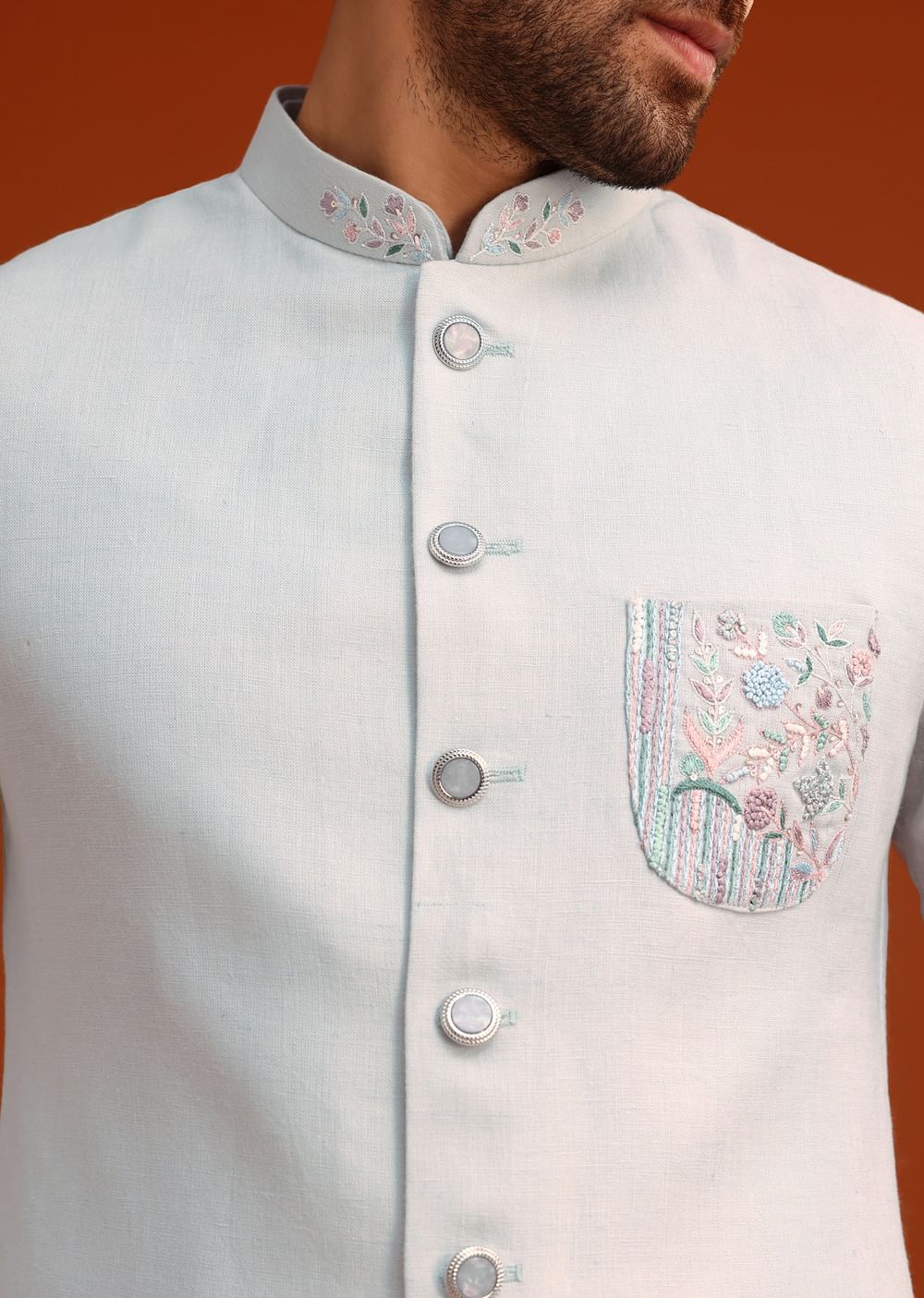 Sky Blue Linen Kurta Jacket Set With Resham Work