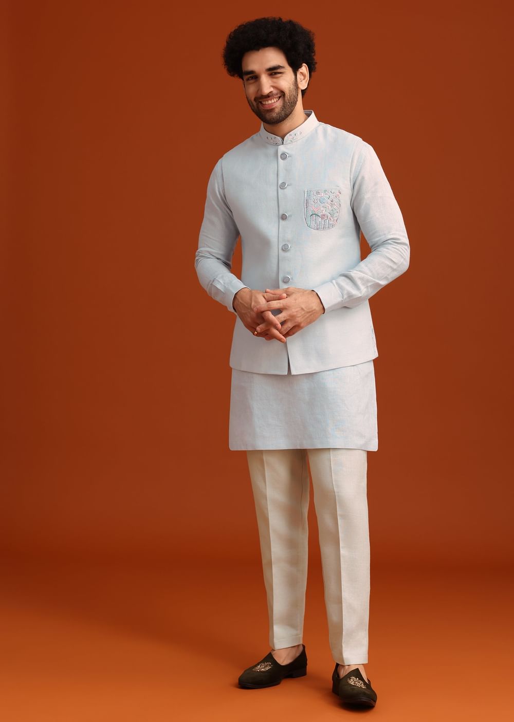Sky Blue Linen Kurta Jacket Set With Resham Work