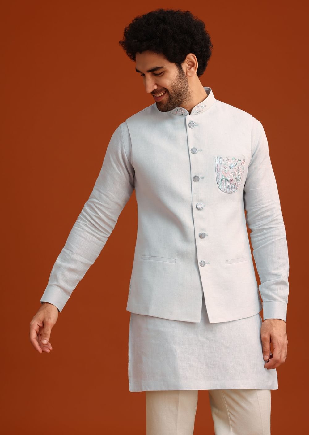 Sky Blue Linen Kurta Jacket Set With Resham Work
