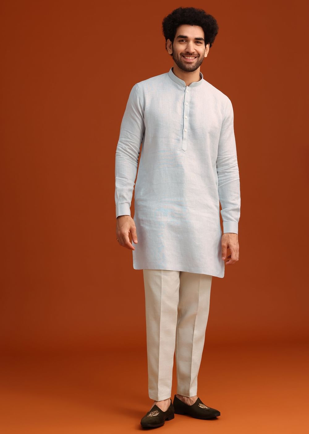 Sky Blue Linen Kurta Jacket Set With Resham Work