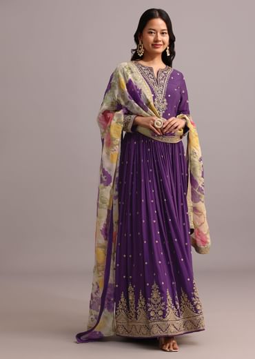 Purple Embroidered Anarkali With Floral Printed Organza Dupatta