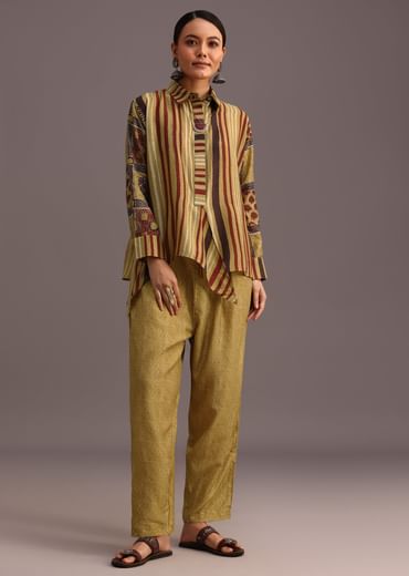 Yellow Printed Shirt Salwar Set With Embroidery