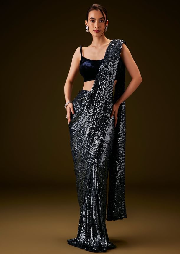 Navy Blue Sequin Velvet Saree Navy Blue Sequin Velvet Saree