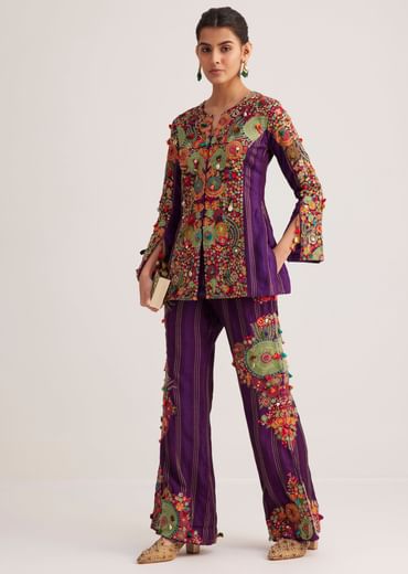 Purple Silk Kurta Palazzo Set With Resham And Zari Embroidery