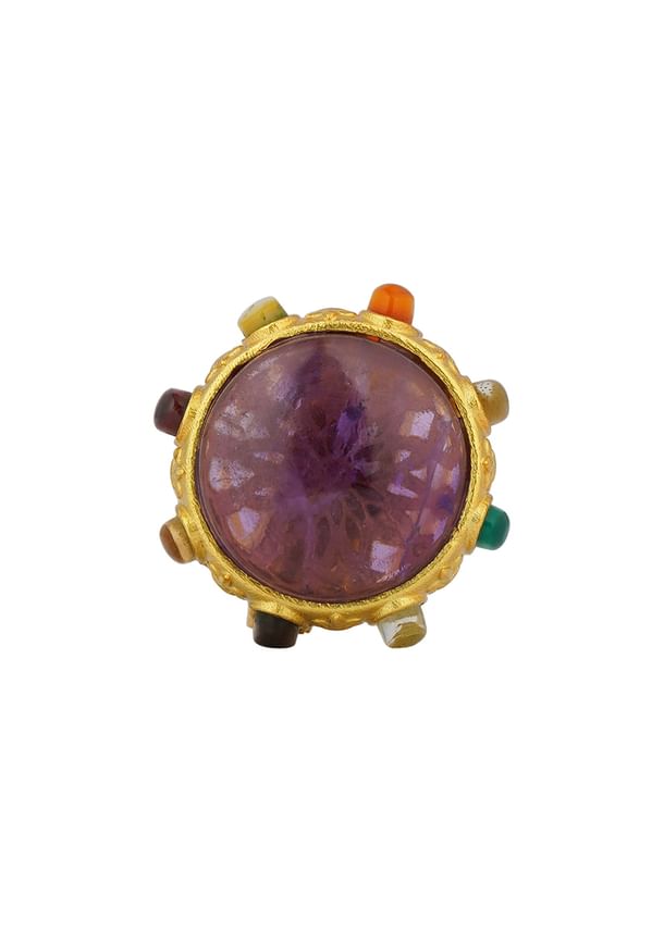 Gold Navratna Ring With Purple Stone Accent Gold Navratna Ring With Purple Stone Accent