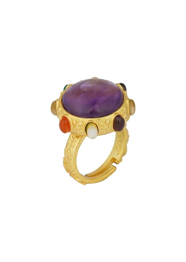 Gold Navratna Ring With Purple Stone Accent Gold Navratna Ring With Purple Stone Accent