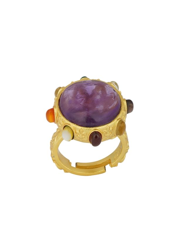 Gold Navratna Ring With Purple Stone Accent Gold Navratna Ring With Purple Stone Accent