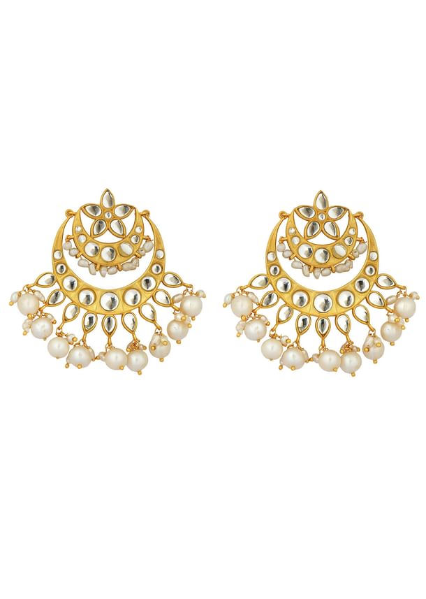 Gold Chaand Baalis With Mirror Polki And Pearls Gold Chaand Baalis With Mirror Polki And Pearls