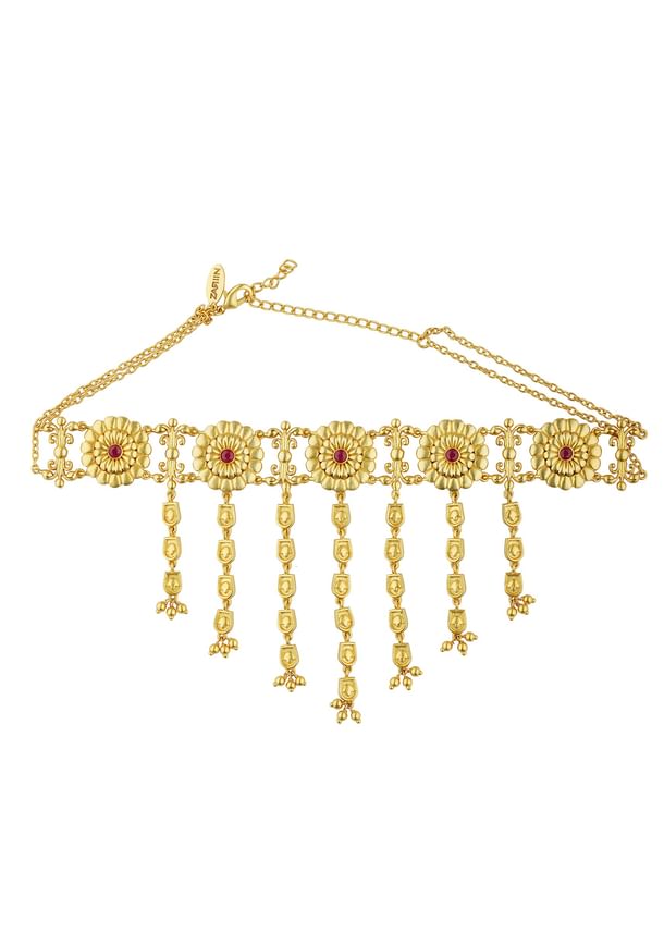 Antique Gold Floral Choker Necklace With Zircon Accents Antique Gold Floral Choker Necklace With Zircon Accents
