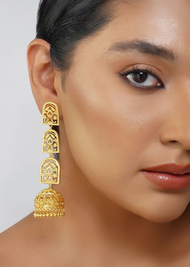 Antique Gold Bareilly Jhumka Earrings With Layered Dome Design Antique Gold Bareilly Jhumka Earrings With Layered Dome Design