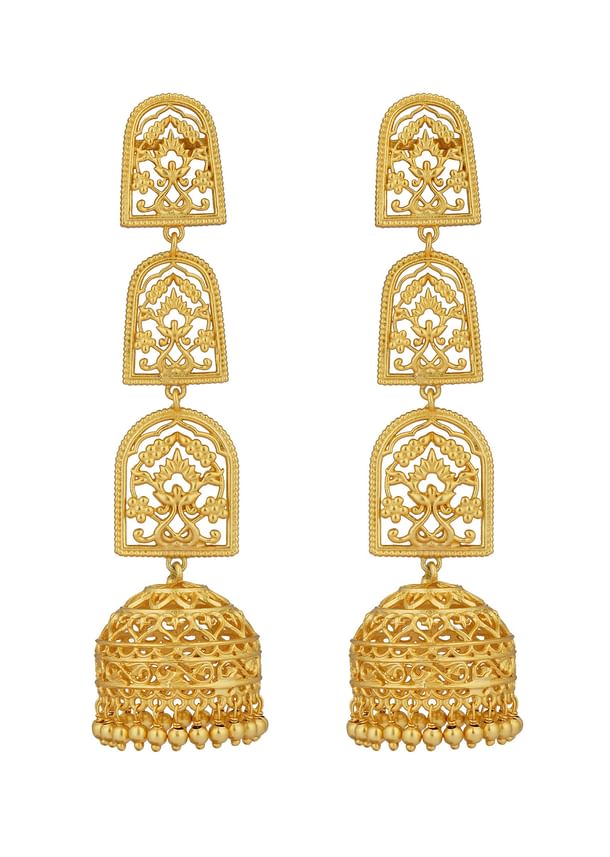 Antique Gold Bareilly Jhumka Earrings With Layered Dome Design Antique Gold Bareilly Jhumka Earrings With Layered Dome Design