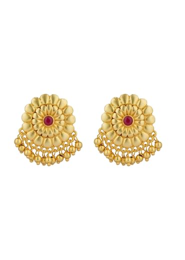 Antique Gold Floral Stud Earrings With Red Zircon Detailing
