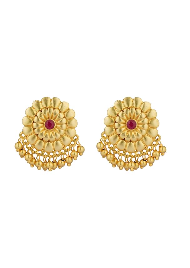 Antique Gold Floral Stud Earrings With Red Zircon Detailing Antique Gold Floral Stud Earrings With Red Zircon Detailing