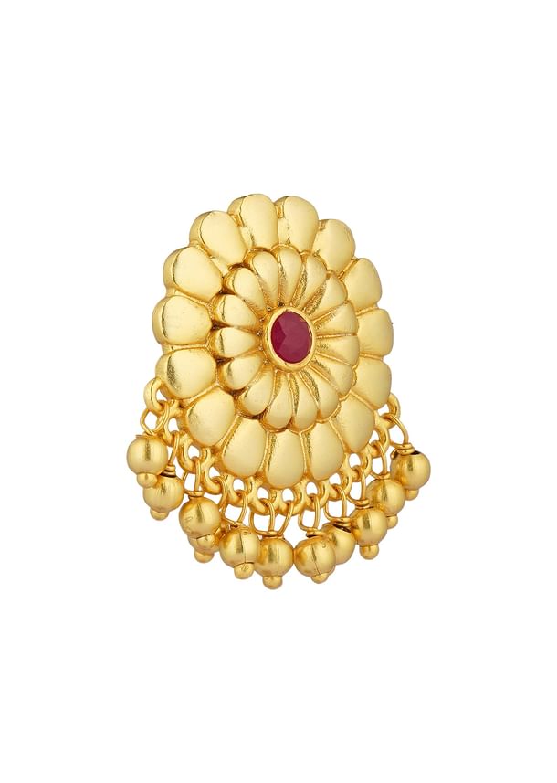 Antique Gold Floral Stud Earrings With Red Zircon Detailing Antique Gold Floral Stud Earrings With Red Zircon Detailing