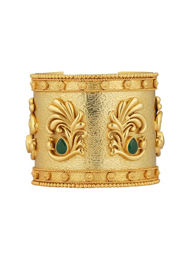 Antique Gold Cuff Bracelet With Peacock Motifs And Zircon Accents Antique Gold Cuff Bracelet With Peacock Motifs And Zircon Accents