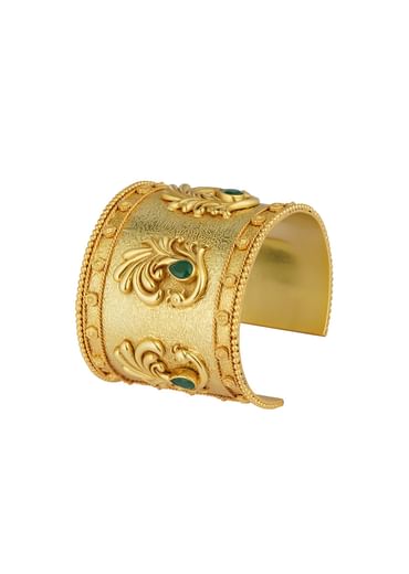 Antique Gold Cuff Bracelet With Peacock Motifs And Zircon Accents