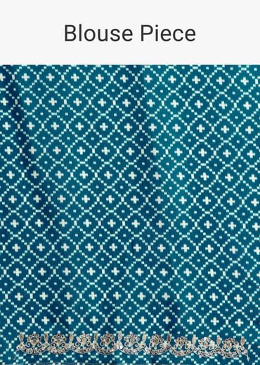 Blue Satin Ikat Printed Saree With Gota And Mirror Embroidery