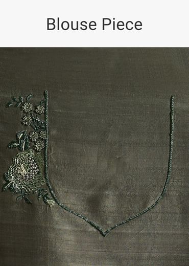 Olive Green Tissue Saree With Cutwork Border And Heavy Embroidery