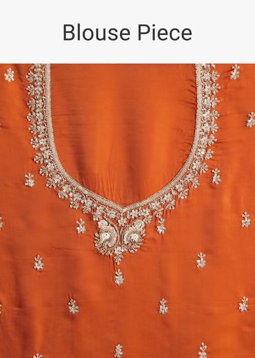 Dusky Orange Satin Embroidered Saree With Heavy Hand Embroidery