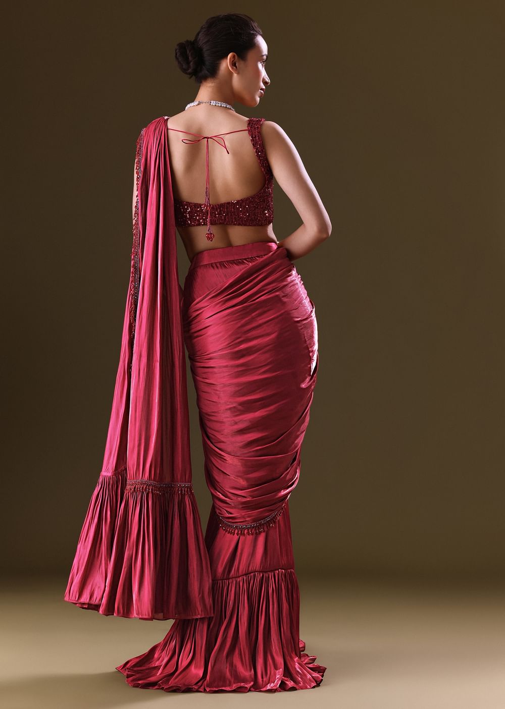 Scarlet Red Fancy Organza Pre Stitched Saree With Pre Pleated Blouse