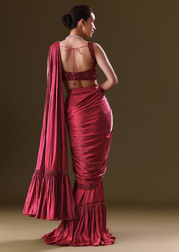 Scarlet Red Fancy Organza Pre Stitched Saree With Pre Pleated Blouse