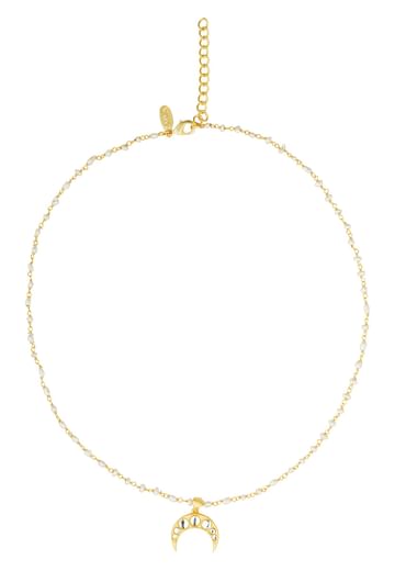 Gold Necklace With Crescent Pendant And Pearl Chain
