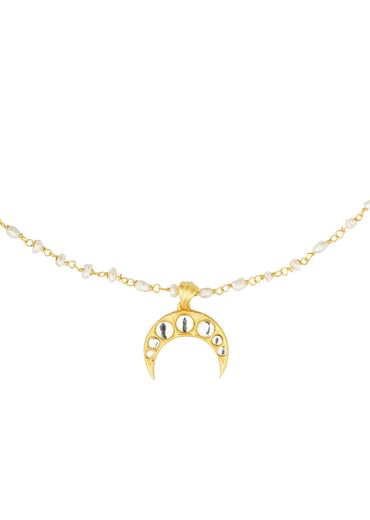 Gold Necklace With Crescent Pendant And Pearl Chain