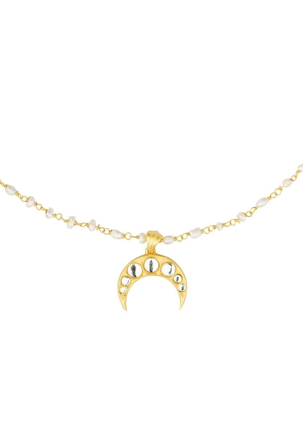 Gold Necklace With Crescent Pendant And Pearl Chain Gold Necklace With Crescent Pendant And Pearl Chain