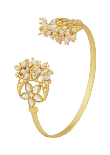 Gold Chaand Phool Bracelet With Mirror Polki And Pearls