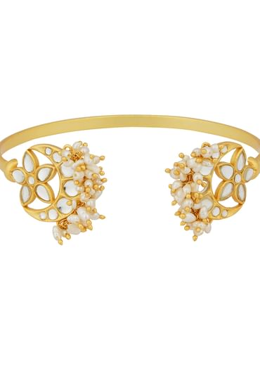 Gold Chaand Phool Bracelet With Mirror Polki And Pearls