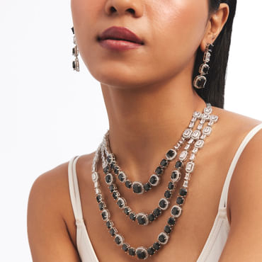 Silver And Black Stone Studded Layered Necklace Set