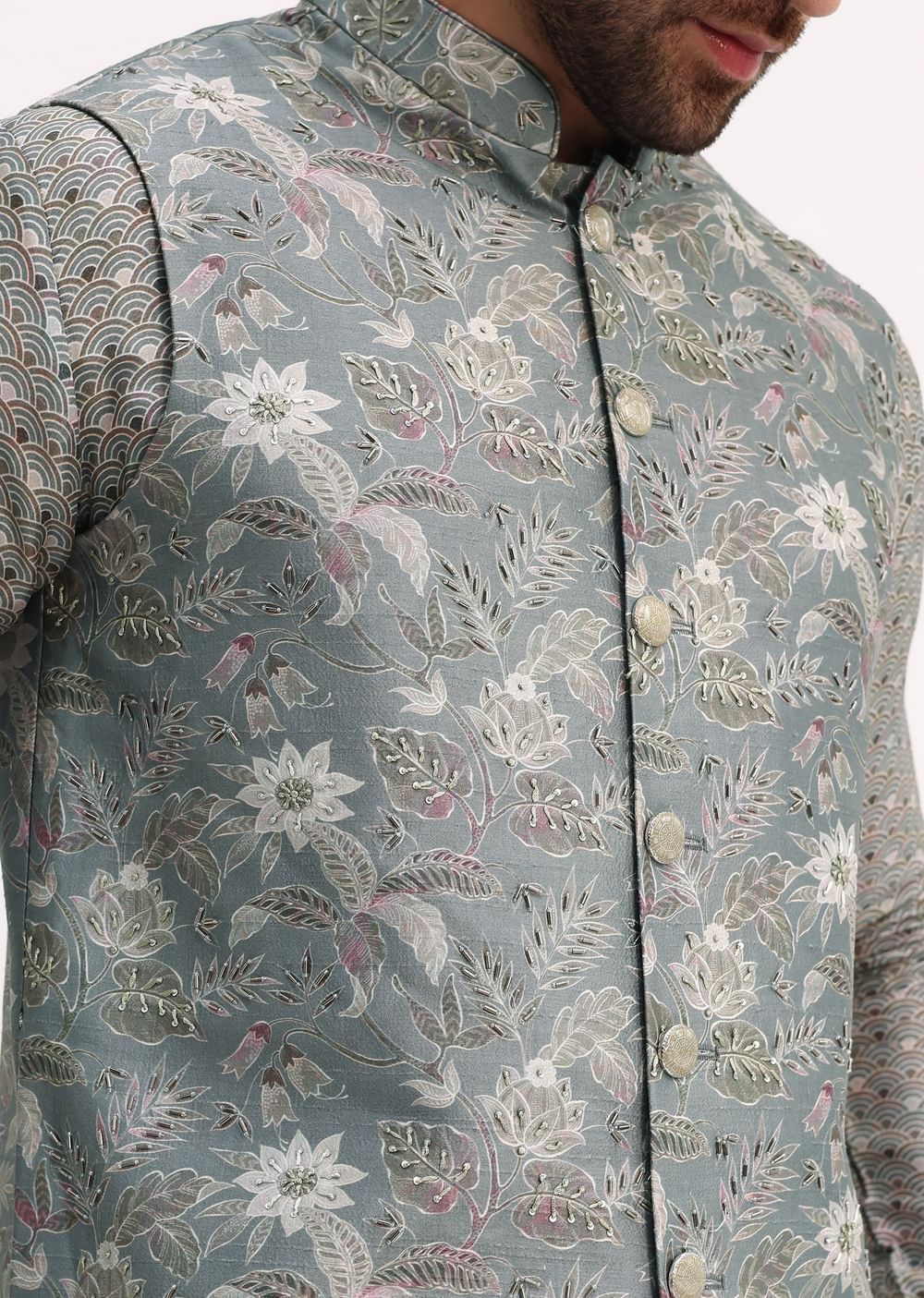 Steel Grey Kurta With Cutdana Embroidered Jacket Set For Men