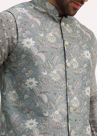 Steel Grey Kurta With Cutdana Embroidered Jacket Set For Men