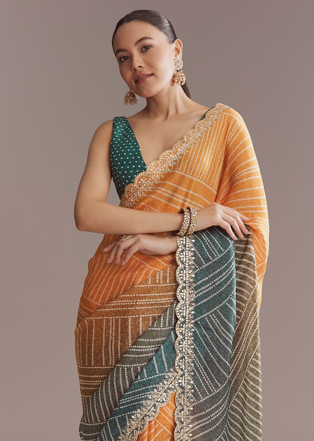 Teal Green And Orange Satin Ombre Saree With Gota Patti Border