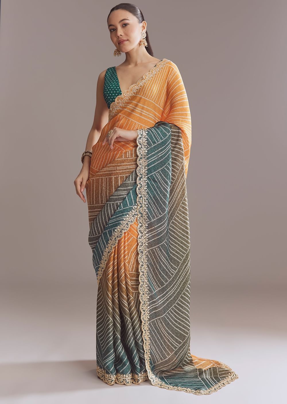 Teal Green And Orange Satin Ombre Saree With Gota Patti Border