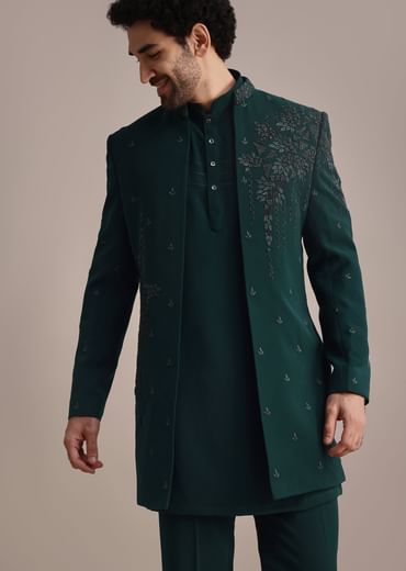 Teal Indowestern Set With Hand Work For Men