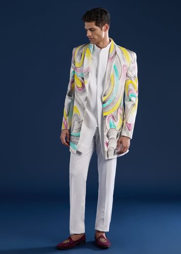 White Indo Western Set For Men With Hand Painted Work